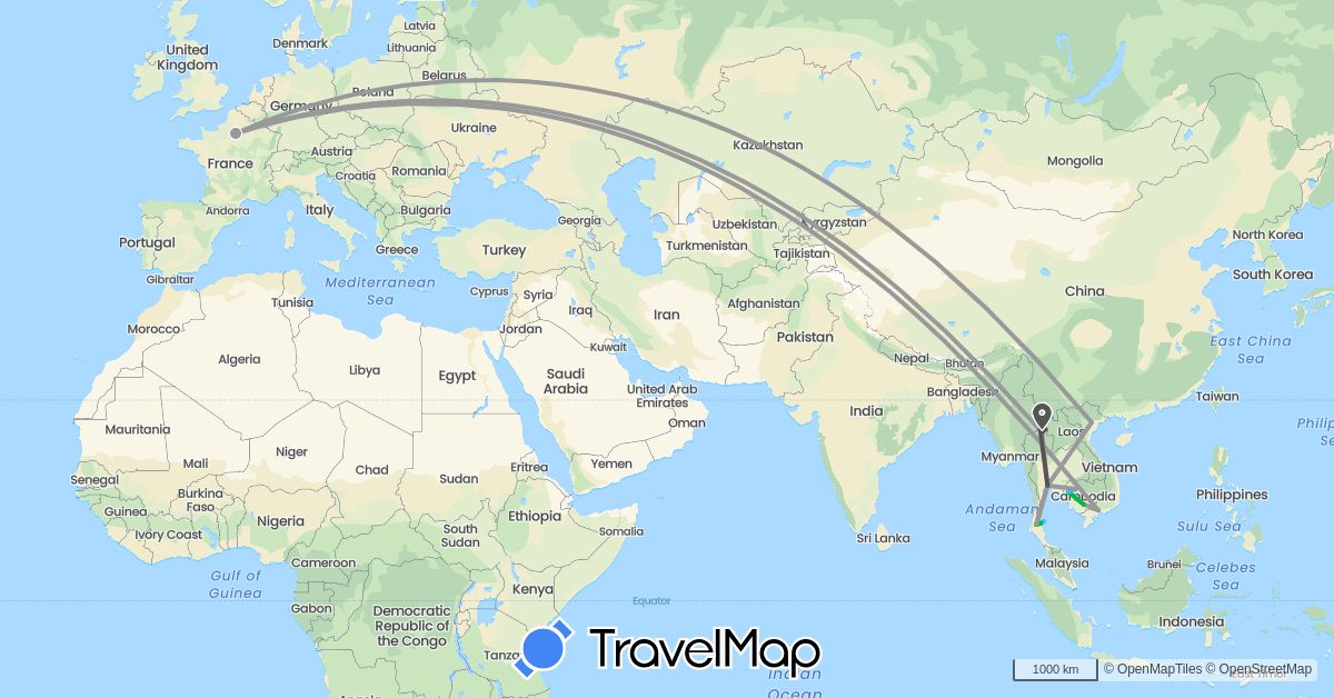 TravelMap itinerary: bus, plane, boat, motorbike in France, Cambodia, Thailand, Vietnam (Asia, Europe)