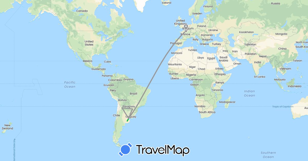 TravelMap itinerary: driving, bus, plane in Argentina, France (Europe, South America)